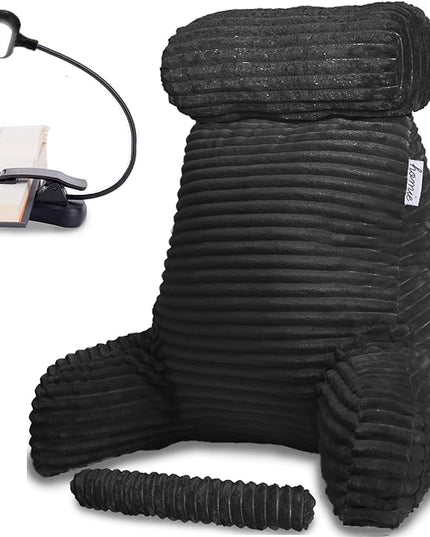 Homie Reading Pillow with Reading Light and Wrist Support, Has Arm Rests, and Back Support for Bed Rest, Lounging, Reading, Working on Laptop, Watching TV (Large, Black) - LeafyLoom