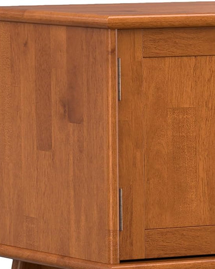 SIMPLIHOME Draper Solid Hardwood Wide Mid Century Modern Media Stand for TVs up to 80 inches for The Living Room and Entertainment Center, 72 inch, Teak Brown - LeafyLoom