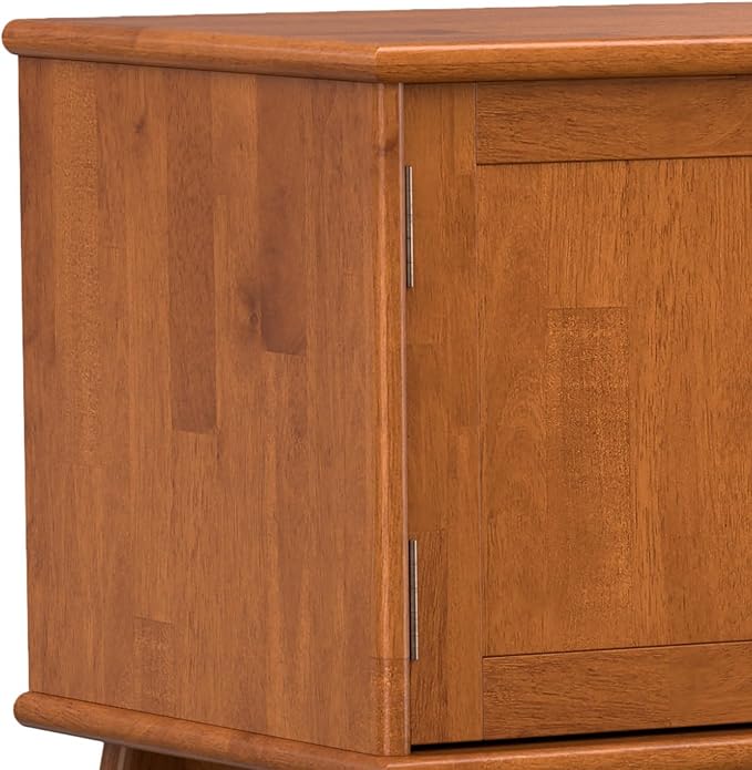SIMPLIHOME Draper Solid Hardwood Wide Mid Century Modern Media Stand for TVs up to 80 inches for The Living Room and Entertainment Center, 72 inch, Teak Brown - LeafyLoom