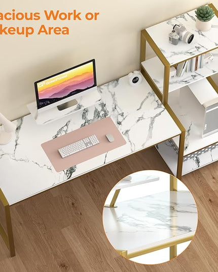 GreenForest Computer Desk with Storage Printer Shelf, 67 inch Home Office Vanity Desk with Movable Monitor Stand and 2 Headphone Hook for PC Makeup Writing Study, White and Golden - LeafyLoom