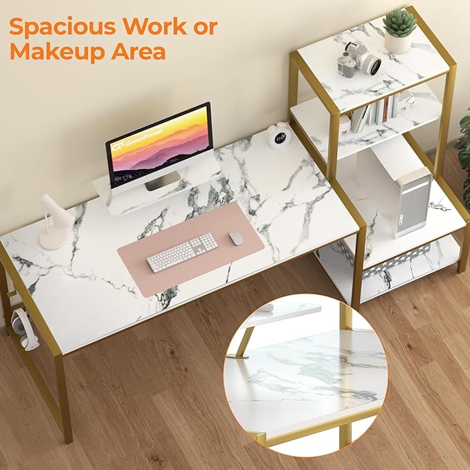 GreenForest Computer Desk with Storage Printer Shelf, 67 inch Home Office Vanity Desk with Movable Monitor Stand and 2 Headphone Hook for PC Makeup Writing Study, White and Golden - LeafyLoom
