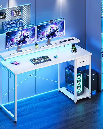 AODK Gaming Desk with LED Lights & Power Outlet, 55 Inch Computer Desk with Drawer, Reversible Desk with Adjustable Monitor Shelf & Headphone Hook for Home Office, White - LeafyLoom