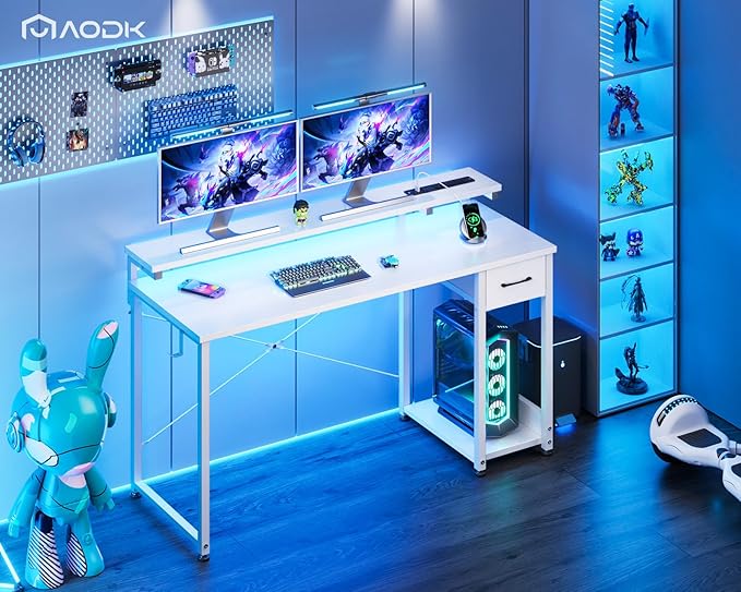 AODK Gaming Desk with LED Lights & Power Outlet, 55 Inch Computer Desk with Drawer, Reversible Desk with Adjustable Monitor Shelf & Headphone Hook for Home Office, White - LeafyLoom
