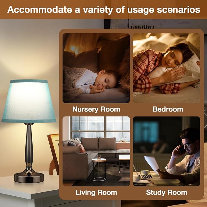 Touch Bedside Lamp for Bedroom with USB C Port, Small Touch Table Lamp with 2 USB Charging Ports, 3 Way Dimmable Nightstand Lamp for Living Room and Office - Turquoise Blue (LED Bulb Included) - LeafyLoom
