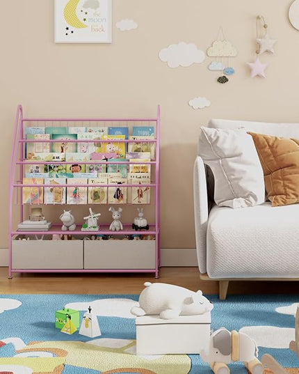 Kids Book Shelf with Storage 32inch, 5 Tier Freestanding Pink Bookshelf, Large Modern Minimalist Book Case With Toy Storage Organizer For Bedroom Study Room Playrooms Children Room KDSJ2305-Pink - LeafyLoom