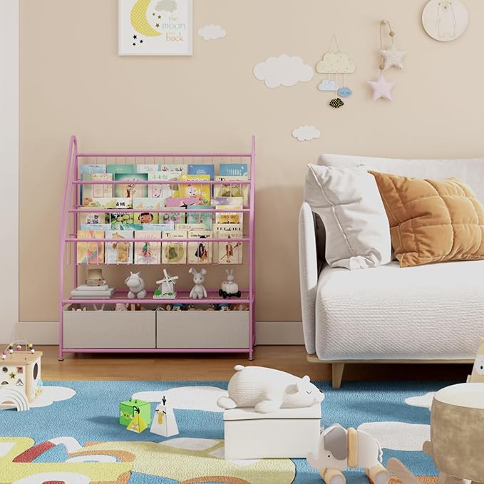 Kids Book Shelf with Storage 32inch, 5 Tier Freestanding Pink Bookshelf, Large Modern Minimalist Book Case With Toy Storage Organizer For Bedroom Study Room Playrooms Children Room KDSJ2305-Pink - LeafyLoom
