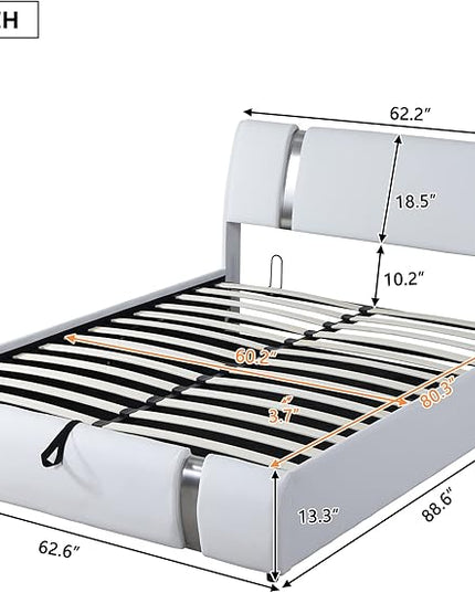 Modern Queen Size Upholstered Faux Leather Platform Bed with a Hydraulic Storage System, Metal Strips Headboard and Footboard, No Box Spring Needed, Sturdy Slat Support, Easy to Assemble - LeafyLoom