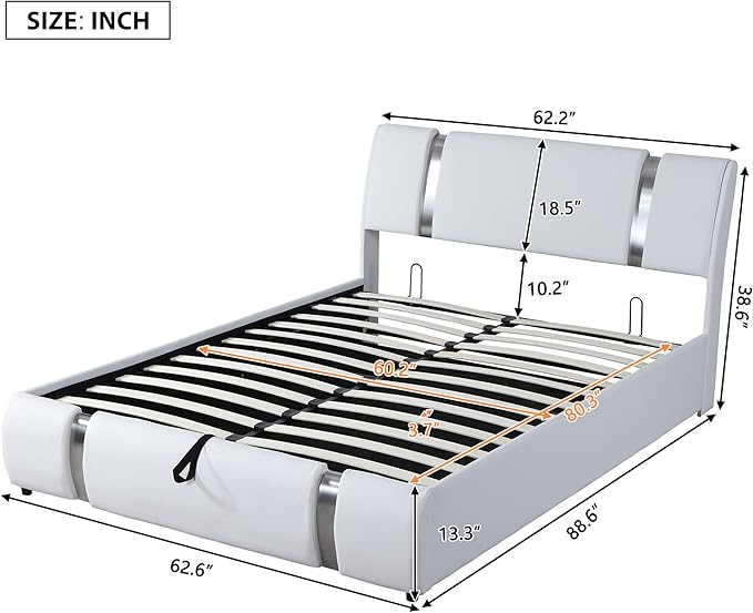 Modern Queen Size Upholstered Faux Leather Platform Bed with a Hydraulic Storage System, Metal Strips Headboard and Footboard, No Box Spring Needed, Sturdy Slat Support, Easy to Assemble - LeafyLoom