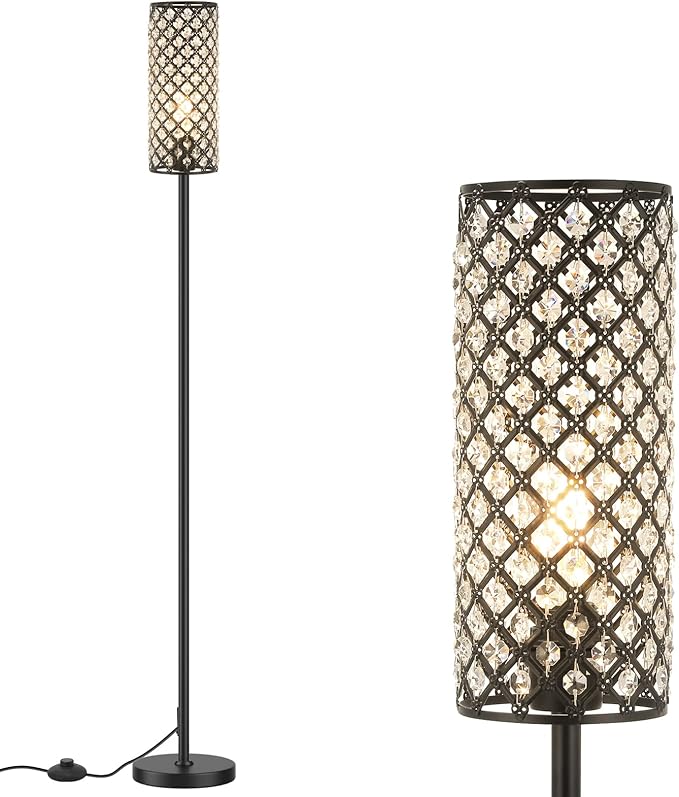 Acaxin Crystal Floor Lamp for Bedroom Black, Living Room Floor Lamps with Bulb, Modern Tall Lamp for Bedroom, Glam Standing Light for Girls Bedroom, Minimalism Pole Corner Lamp for Office, Dorm Hotel - LeafyLoom
