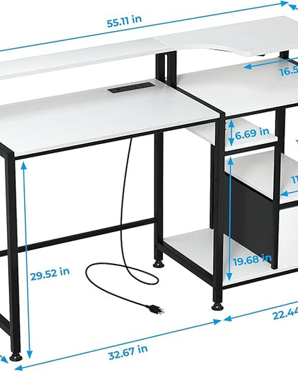 GreenForest 55 inch Computer Desk with Drawers and Outlets, Home Office Desk with Storage and Printer Shelf, Work Desk with Fabric File Drawer, Study Desk with Monitor Stand, Computer Table, White - LeafyLoom