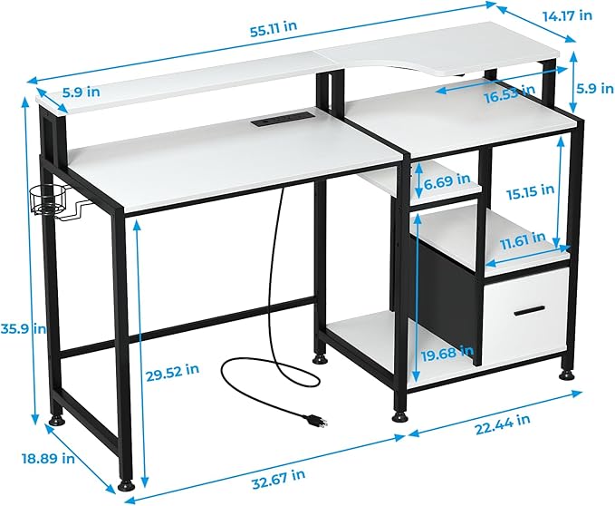 GreenForest 55 inch Computer Desk with Drawers and Outlets, Home Office Desk with Storage and Printer Shelf, Work Desk with Fabric File Drawer, Study Desk with Monitor Stand, Computer Table, White - LeafyLoom