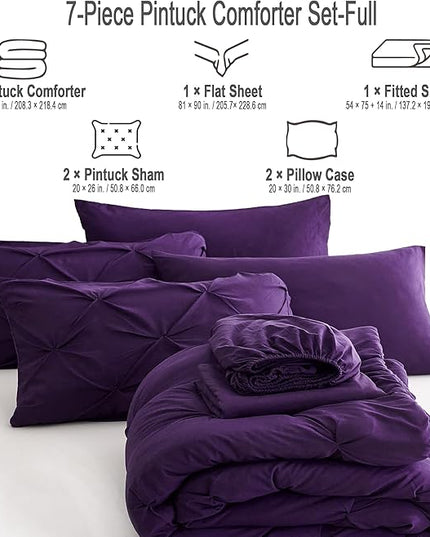 Ubauba 7pc Full Size Comforter Set with Sheets, Purple Pintuck 7 Pieces Bed in a Bag with Comforter, All Season Bedding Comforters & Sets (Purple,Full) - LeafyLoom