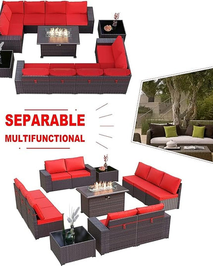 Kullavik 13 Pieces Outdoor Patio Furniture Set with 43" 55000BTU Gas Propane Fire Pit Table PE Wicker Rattan Sectional Sofa Patio Conversation Sets,Red - LeafyLoom
