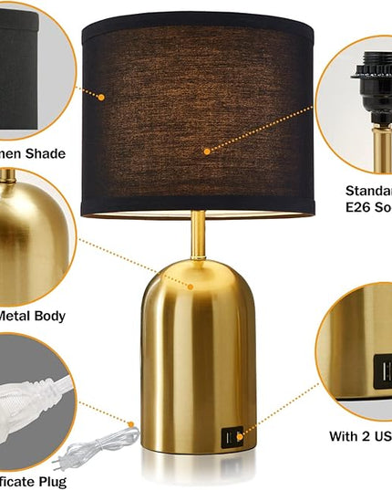 3-Way Dimmable Table Lamp Set of 2 for Living Room,Touch Control Modern Bedside Lamps with 2 USB Ports Nightstand Lamp with Black Shade and Gold Base for Bedroom Reading Room Hotel Office - LeafyLoom