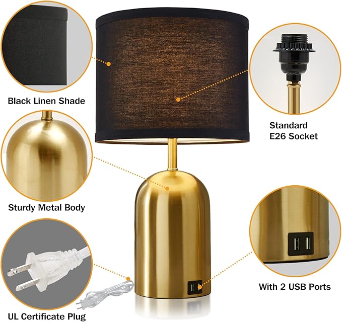 3-Way Dimmable Table Lamp Set of 2 for Living Room,Touch Control Modern Bedside Lamps with 2 USB Ports Nightstand Lamp with Black Shade and Gold Base for Bedroom Reading Room Hotel Office - LeafyLoom