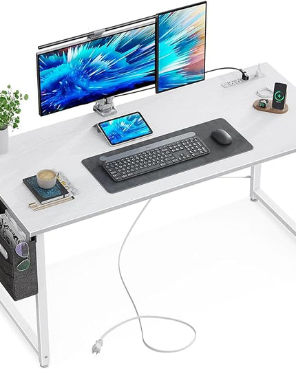 KKL Small Desk with Power Outlets and USB Port Computer Desk for Home Office Gaming Simple Modern Style Writing Desks with Storage Bag Headphone Hook, 48 inch, White - LeafyLoom