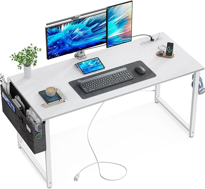 KKL Small Desk with Power Outlets and USB Port Computer Desk for Home Office Gaming Simple Modern Style Writing Desks with Storage Bag Headphone Hook, 48 inch, White - LeafyLoom