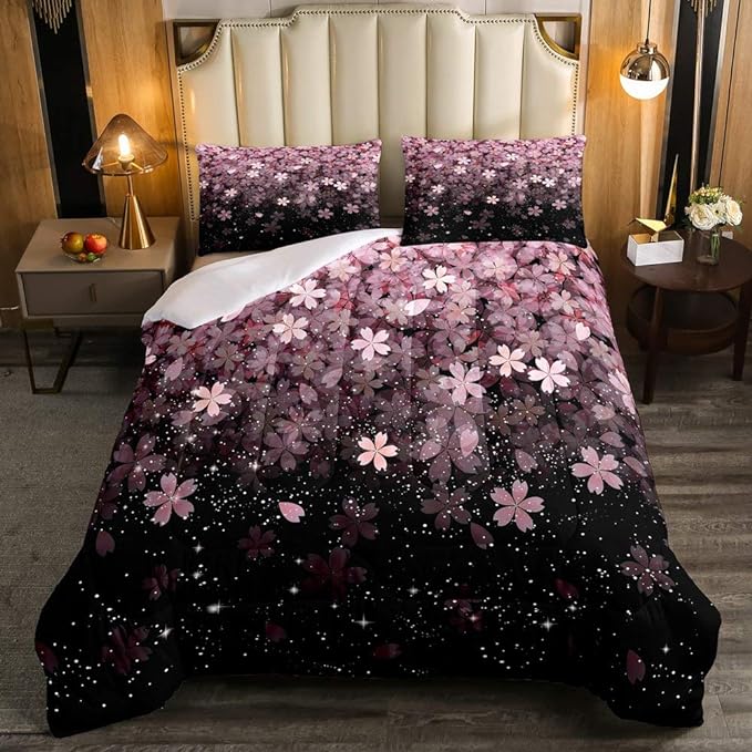 Erosebridal Cherry Blossom Comforter Set Queen Size, Pink Flower Down Comforter, Petal Floral Quilted Duvet, Starry Sky Glitter Girly Warm Duvet Insert, Bedroom Living Dorm Room Decorative - LeafyLoom