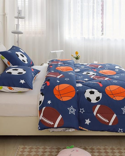 RYNGHIPY Kids Sports Theme Bedding Set, Basketball Football Baseball Tennis Print Comforter Set for Teens Boys Girls, Super Soft Lightweight (Balls,Twin) - LeafyLoom