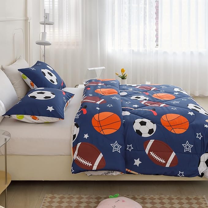 RYNGHIPY Kids Sports Theme Bedding Set, Basketball Football Baseball Tennis Print Comforter Set for Teens Boys Girls, Super Soft Lightweight (Balls,Twin) - LeafyLoom