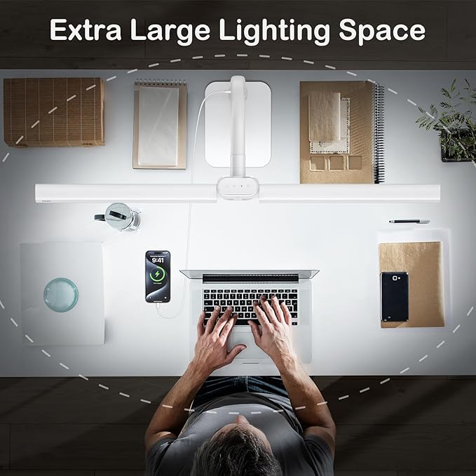 Desk Lamp with USB Charging Port for Home Office 24w Architect Remote Base Dual Task Led Light Modern 5 Color Modes Dimmable Adjustable Gooseneck Double Head Reading Drafting Eye Caring Tall Lamps - LeafyLoom