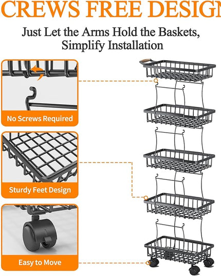 Wisdom Star 5 Tier Fruit Vegetable Basket for Kitchen, Fruit Vegetable Storage Cart, Vegetable Basket Bins, Wire Storage Basket Organizer Utility Cart with Wheels, Medium, Black - LeafyLoom