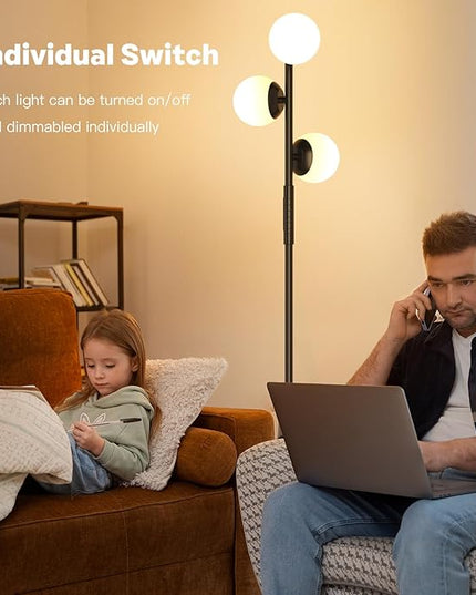 LED Floor Lamp for Living Room, 3 Globe Bright Standing Lamp with Remote, 4 Color Temterapure Dimmable Bedroom Lamp Modern Floor Lamp Tall Lamp for Bedroom/Office, 24W, 2700-6500K, Black - LeafyLoom