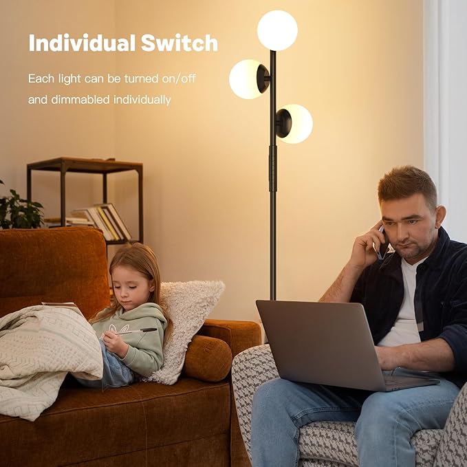 LED Floor Lamp for Living Room, 3 Globe Bright Standing Lamp with Remote, 4 Color Temterapure Dimmable Bedroom Lamp Modern Floor Lamp Tall Lamp for Bedroom/Office, 24W, 2700-6500K, Black - LeafyLoom