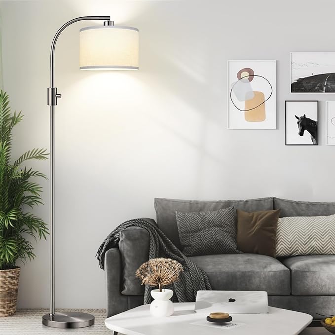 【Upgraded】 Dimmable Floor Lamp, 1200 Lumens LED Bulb Included, Gold Arc Floor Lamps for Living Room Modern Standing Lamp with Linen Shade, Tall Lamp for Living Room Bedroom Office Reading Room Nursery - LeafyLoom