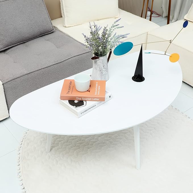 FIRMINANA Mid Century Modern Coffee Table,Large Oval White Coffee Table for Living Room,for Small Spaces,White-47.3" W x 23.63" D x 17.72" H - LeafyLoom