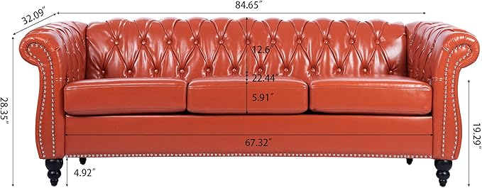 3-Seaters Living Room Clasic Chesterfield Sofa Couch Button Tufted PU Leather Upholstered Sofa&Couch with Luxury Roller Armrest Soild Wood Legs Movable Cushions & Nailhead Decor - LeafyLoom
