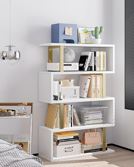 Bookshelf geometric bookcase S Shaped industrial bookshelf Storage Display Stand Shelf for Living Room Bedroom and office Room (White, 4 Tier) - LeafyLoom
