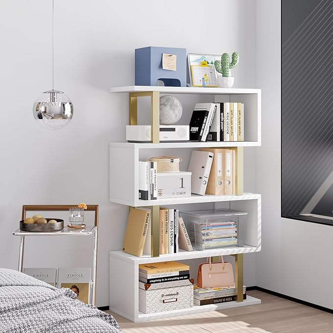 Bookshelf geometric bookcase S Shaped industrial bookshelf Storage Display Stand Shelf for Living Room Bedroom and office Room (White, 4 Tier) - LeafyLoom