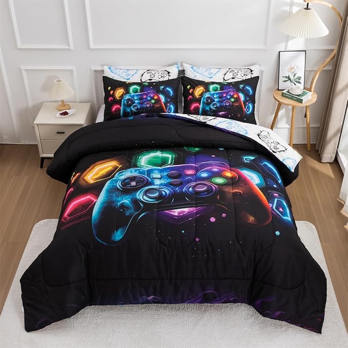 NTBED Game Console Comforter Set for Boys Girls Kids Space Universe Gaming Geometric Lightweight Microfiber Gamer Bedding Sets (Multi, Full) - LeafyLoom