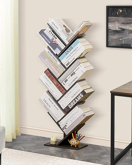 10 Tier Tree Book Shelf, Floor Standing Wood Bookshelf for Narrow Space, Storage Organizer Bookshelves for Books/CDs/Magazine, Bookcase with Shelves for Home Office, Living Room - Dark Grey - LeafyLoom
