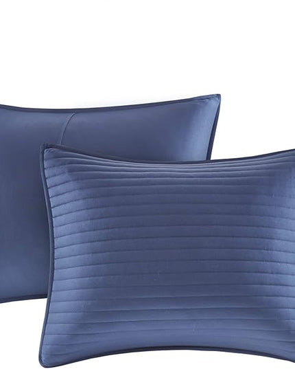 Madison Park Marina Comforter Quilt Combo Set - Modern Luxury Design, All Season Down Alternative Bedding, Matching Shams, Decorative Pillows, Full/Queen(90"x90"), Seersucker Blue 8 Piece - LeafyLoom