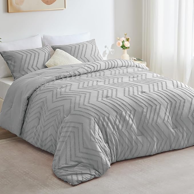 CozyLux Full Size Comforter Set Light Grey - 3 Pieces Boho Tufted Shabby Chic Bedding Comforter Set for All Seasons, Chevron Bedding Sets with Comforter & 2 Pillow Shams - LeafyLoom