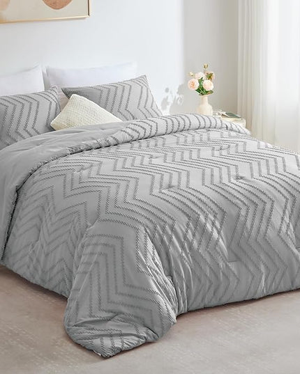 CozyLux King Size Comforter Set Light Grey - 3 Pieces Boho Tufted Shabby Chic Bedding Comforter Set for All Seasons, Chevron Bedding Sets with Comforter & 2 Pillow Shams - LeafyLoom