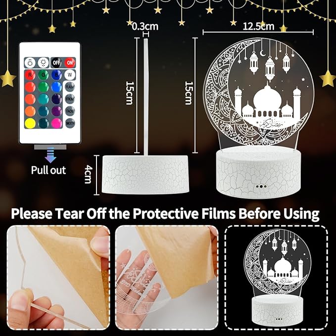 Ramadan Mubarak Decorations, Ramadan LED Night Light with Remote 16 Color Flashing, Eid al-Fitr Mubarak 3D Star Moon Lights for Bedroom Ramadan Gifts for Islamic Holiday Believers Muslims Home Decor - LeafyLoom