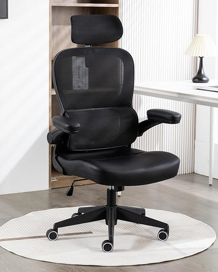 Home Office Chair High Back Computer Desk Chair Ergonomic Task Chair Executive Chair with Lumbar Support Recliner Chair with Adjustable Headrest,Flip-up Armrests (Black with Nylon Base) - LeafyLoom