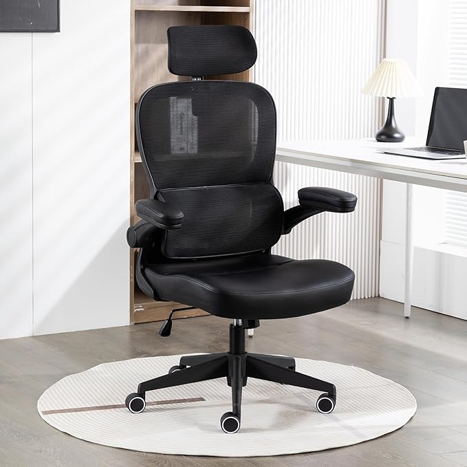 Home Office Chair High Back Computer Desk Chair Ergonomic Task Chair Executive Chair with Lumbar Support Recliner Chair with Adjustable Headrest,Flip-up Armrests (Black with Nylon Base) - LeafyLoom