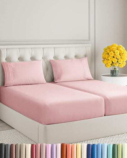 Split King Size 5 Piece Sheet Set - Comfy Breathable & Cooling Sheets - Hotel Luxury Bed Sheets for Women & Men - Deep Pockets, Easy-Fit, Soft & Wrinkle Free Sheets - Baby Pink Oeko-Tex Bed Sheet Set - LeafyLoom
