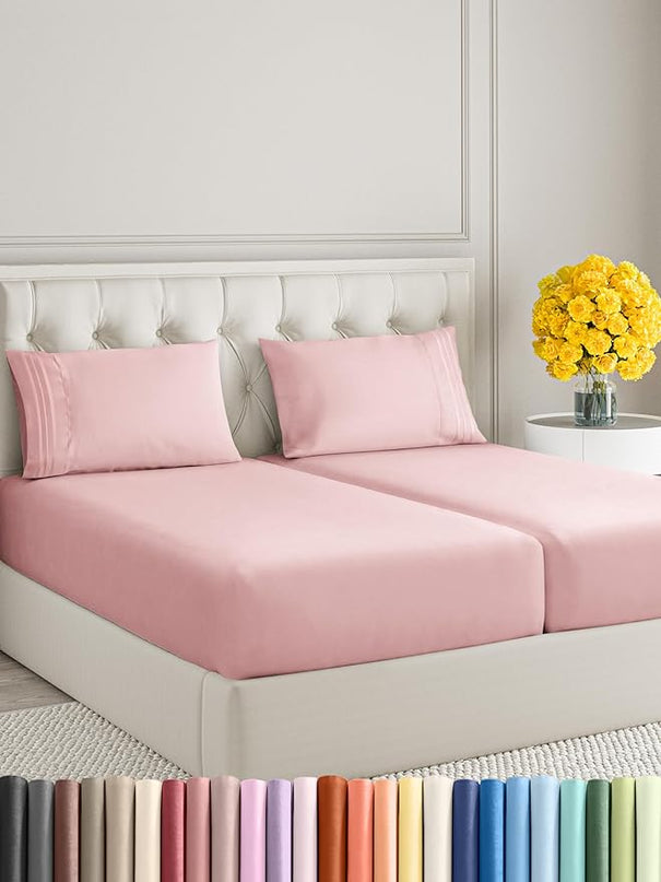 Split King Size 5 Piece Sheet Set - Comfy Breathable & Cooling Sheets - Hotel Luxury Bed Sheets for Women & Men - Deep Pockets, Easy-Fit, Soft & Wrinkle Free Sheets - Baby Pink Oeko-Tex Bed Sheet Set - LeafyLoom