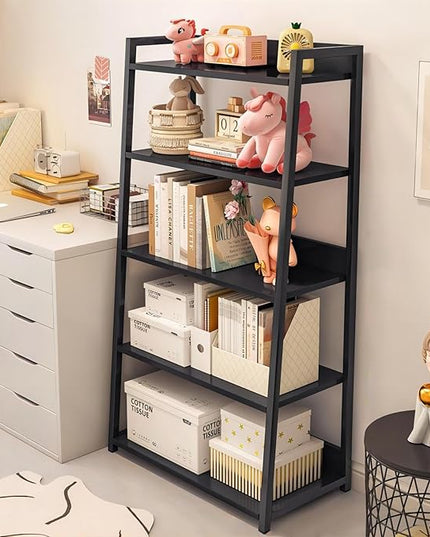 IOTXY 5-Tier Ladder Shelf Bookcase - Wood and Metal Modern Standing Bookshelf, Open Book Shelves Storage Rack, for Home Office, Living Room, Kitchen, Bedroom, Black - LeafyLoom