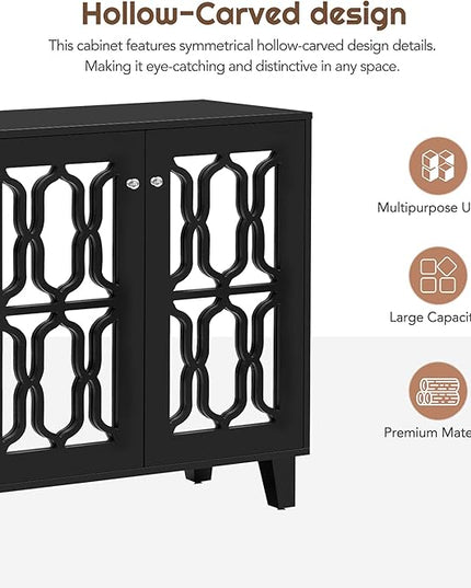 Merax Buffet Cabinet with Adjustable Shelves, 4-Door Mirror Hollow-Carved TV Stand for Television Up to 65 inches, Multi-Functional Console Table with Storage Credenza for Living Room, Black - LeafyLoom