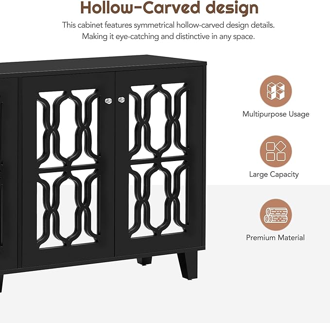 Merax Buffet Cabinet with Adjustable Shelves, 4-Door Mirror Hollow-Carved TV Stand for Television Up to 65 inches, Multi-Functional Console Table with Storage Credenza for Living Room, Black - LeafyLoom