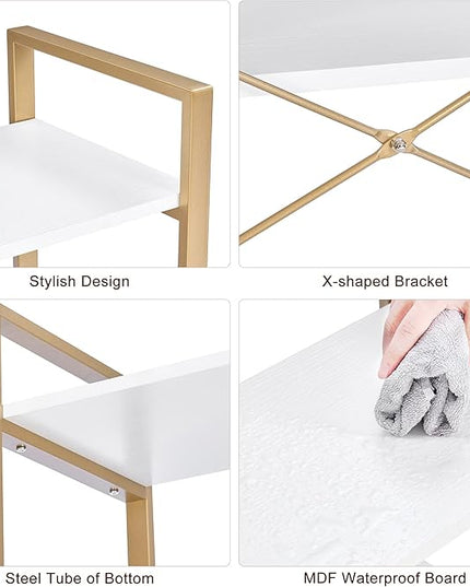 BEWISHOME 3 Tier Bookshelf, Modern Small Book Shelf for Small Spaces, White Gold Wooden Shelves for Bedroom Living Room and Home Office, 13.78" D x 24.12" W x 37.09" H, JCJ42M - LeafyLoom