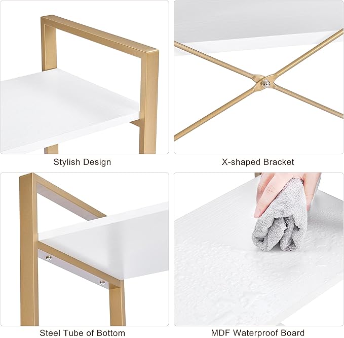 BEWISHOME 3 Tier Bookshelf, Modern Small Book Shelf for Small Spaces, White Gold Wooden Shelves for Bedroom Living Room and Home Office, 13.78" D x 24.12" W x 37.09" H, JCJ42M - LeafyLoom