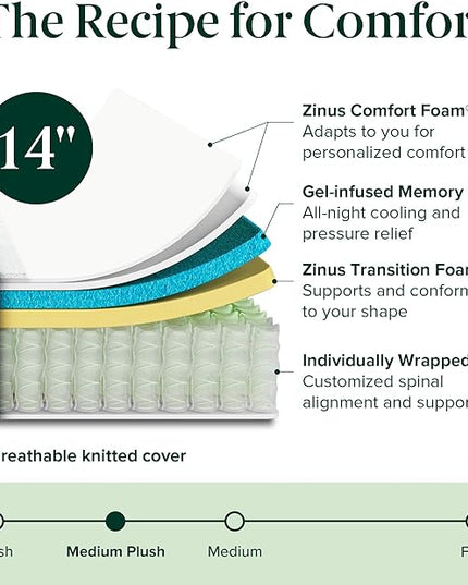 ZINUS 14 Inch Cooling Comfort Support Hybrid Mattress [New Version], King, Fiberglass free, Medium Plush, Cooling Motion Isolation, Certified Safe Foams & Fabric, Mattress in A Box - LeafyLoom