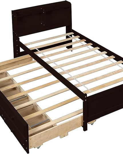 Platform Bed Twin Size with Bookcase Headboard, Trundle and 3 Drawers, Wooden Storage Bedframe for Kids Teens Adults Bedroom - LeafyLoom